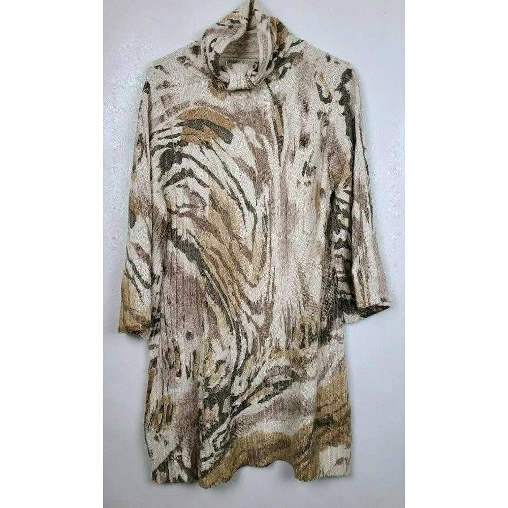 Alberto Makali Artsy Tunic Sweater Womens Medium Cream Brown Abstract Cowl Neck